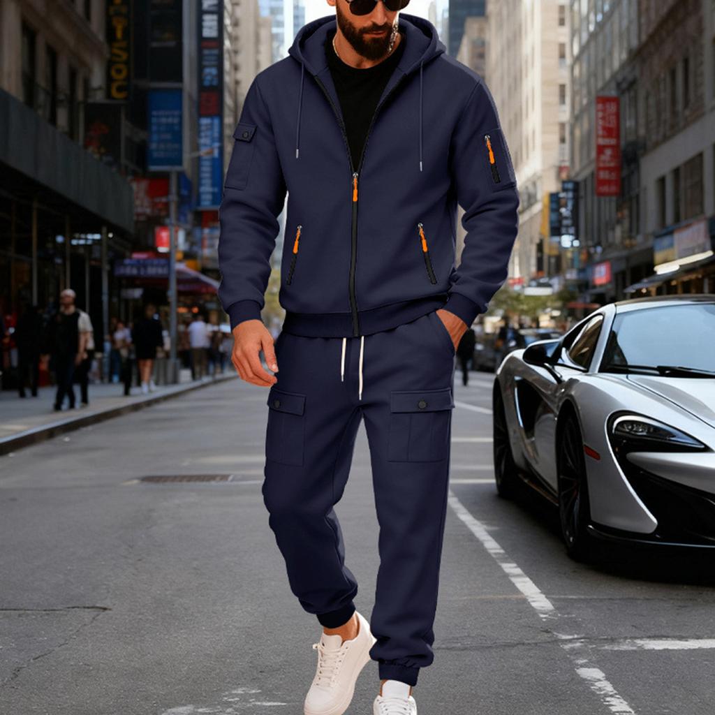 Men's Solid Color Casual Suit Loose Sports Stand Collar Sweatshirt With Pockets Multi Pocket Overalls Suit