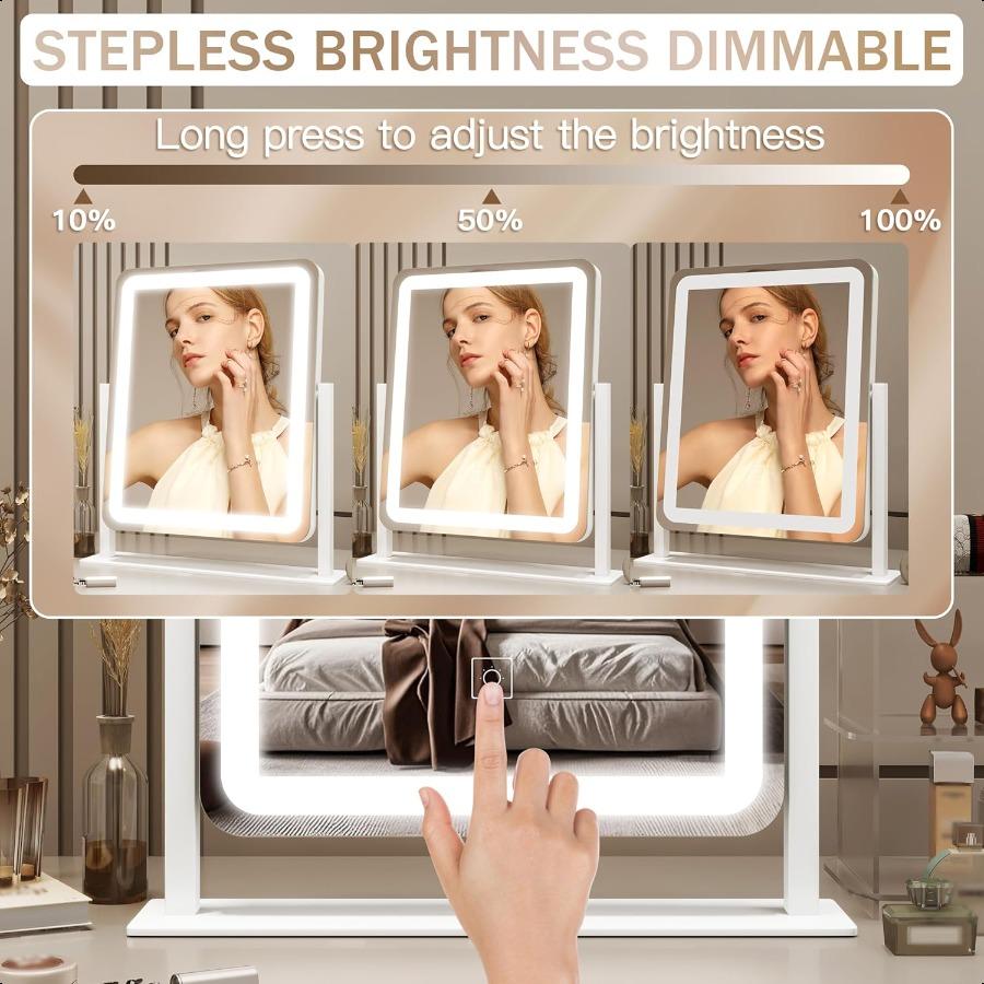 Lighted Makeup Mirror Vanity Mirror with Lights for Desk Tabletop Smart Touch with 3Color Lighting Dimmable 360 Rotation White