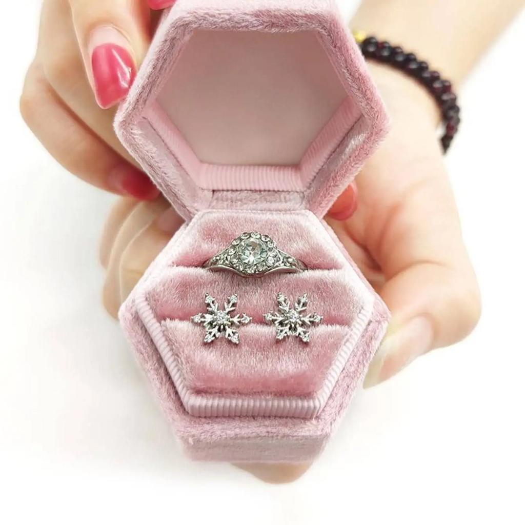1pc-Velvet Double Ring Box Hexagon Wedding Ceremony Ring Box with Detachable Lid Box
