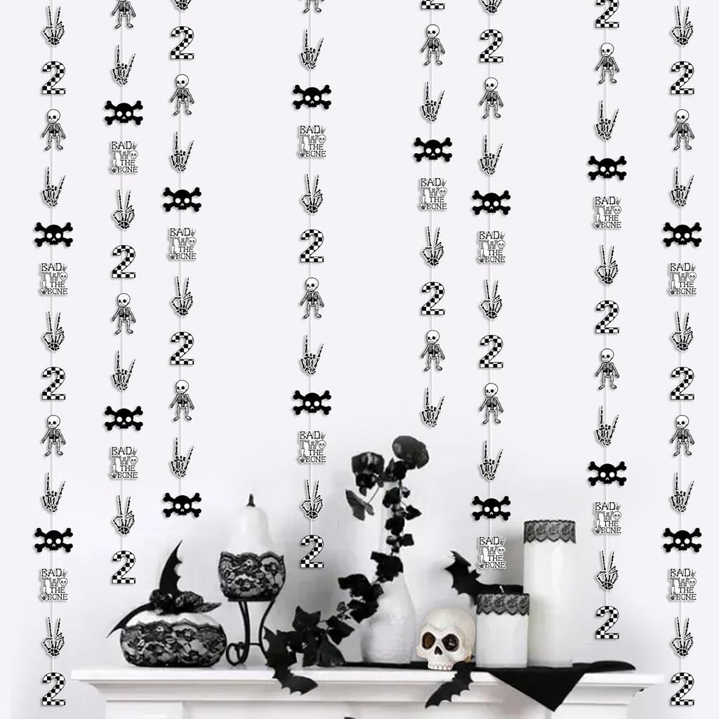 Jollyboom Bad Two The Bone Birthday Decorations Boy, 8pcs Bad 2 The Bone 2nd Birthday Hanging Garland Streamers Bone Skull Second Birthday Streamers