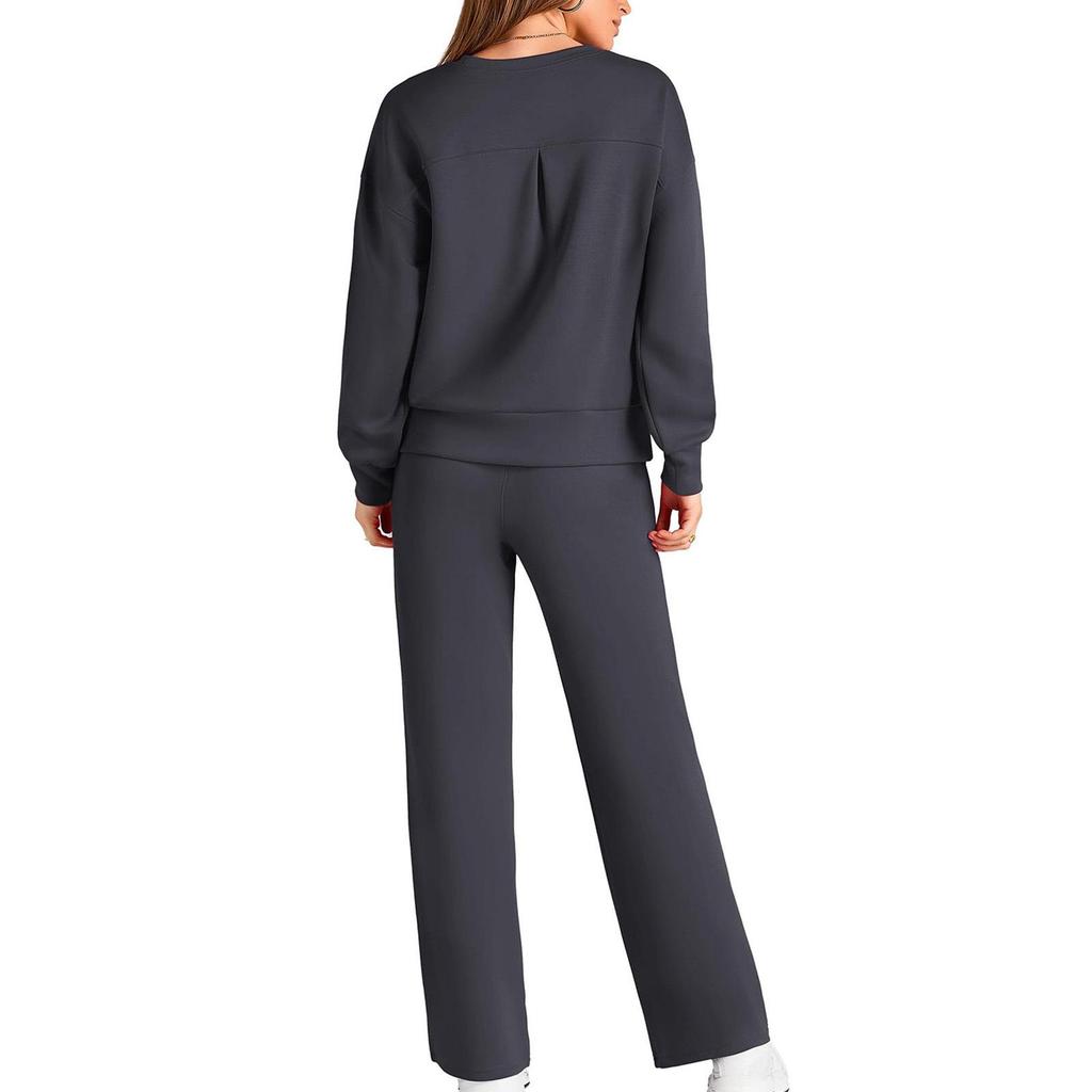 European-Americana Knit Women's Two-Piece: Long-Sleeve Top & Wide-Leg Pocketed Sweatpants