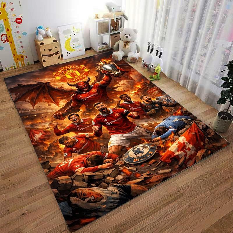 """Teppich im Manchester United Design mit feurig rotem Muster und Pokalaufdruck"" Geeignet für den Einsatz als Anti-Rutsch-Matte für Wohnzimmer, Schlafzimmer, Sofas"""
