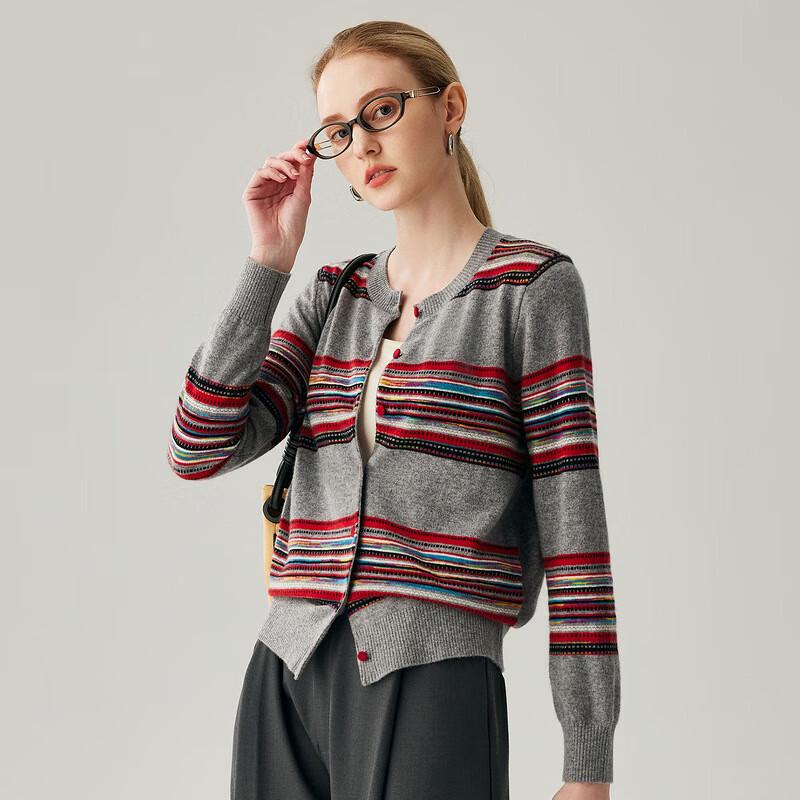 Zhaojun Women's Striped 100% Cashmere Round Neck Cardigan