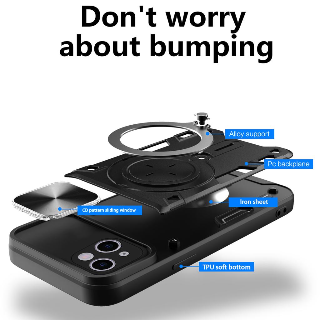 Dla iPhone 14 Przesuwana Osłona Aparatu Tylna Pokrywa PC+TPU Etui na Telefon z Obrotową Podpórką