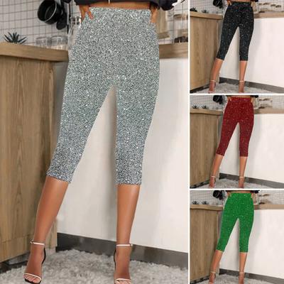 Damen Cropped Pants Elastische Hohe Taille Skinny Fit Glänzende Pailletten Hose Urlaub Reisen