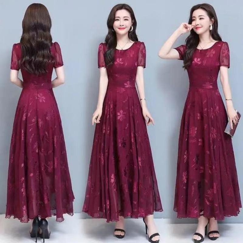 Summer New Women's Short Sleeve Printed Dress Slimming Waist Flared Long Skirt Korean Style Elegant Fashionable Casual Dress