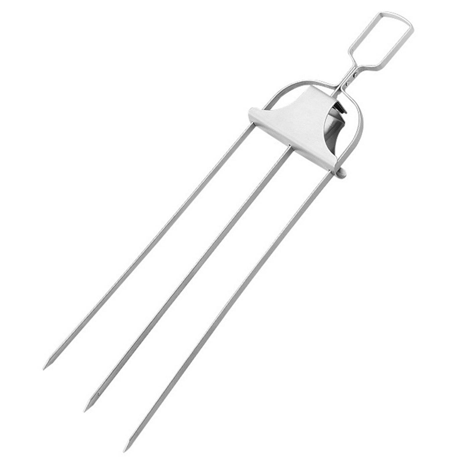 Three-Pronged Grill Fork BBQ Outdoor for Grilling Meat Chicken Sausages Vegetables Shrimp Stainless Steel Skewer Semi-Automatic