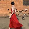 Yunnan Dali Wears a French Red Suspender Dress for Women's Sexy Backless, Suitable for Seaside Vacation Photo Skirts
