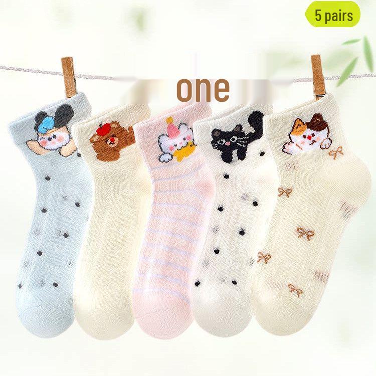 Girls' Summer Silk Mid-Calf Cartoon Mesh Socks - Breathable and Thin Cotton