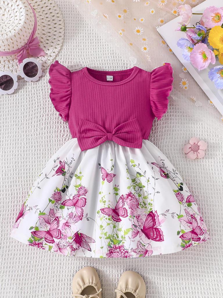 Infant Toddler Girl Floral Butterfly Dress, Ruffle Sleeve Bow Accent Dress, Casual Summer Outfit 6-36M