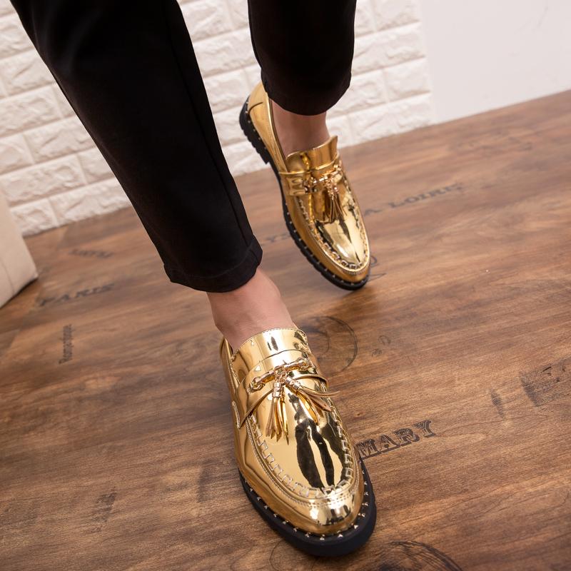 Men Classic Retro Loafer Casual Street Style Gold Patent Leather Platform Black Dress Party Shoes Large Size