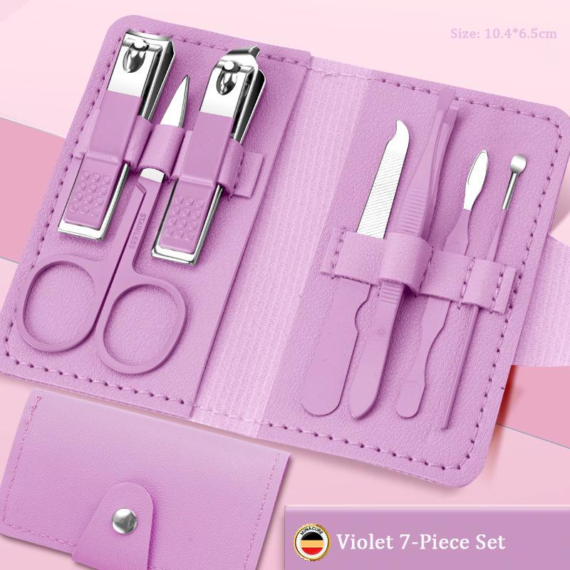 Professional Manicure Tool Seven-Piece Set Pink Stainless Steel Curved Blade Nail Clippers Trimmer with Wide Jaw Opening