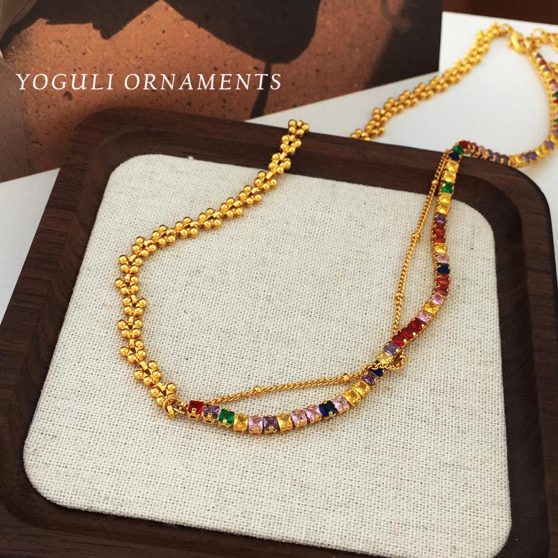Copper-Plated Gold & Zircon Dazzling Choker Necklace - Elegant Color Block Design for a Luxurious Look.