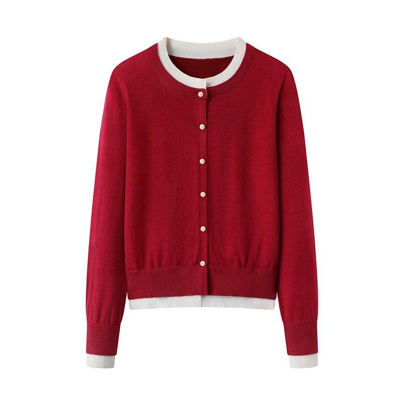 

Женский вязаный кардиган с цветными блоками на весну 2025 - свитер с круглым вырезом цвета анкола красный Small красный