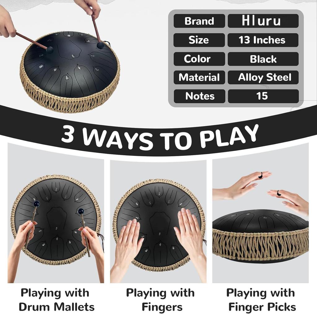 Hluru Music Drum 15 Notes Glucophone Steel Tongue Drum 13 Inch 15 Notes D Tone Ethereal Drum Percussion Musical Instruments