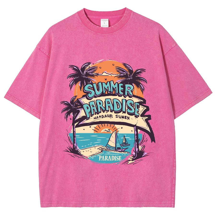 American Vintage Kokospalmenstrand-Print Damen T-Shirt Unisex Übergroß Locker Waschung Kurzarm Basic Oberteil T-Shirt