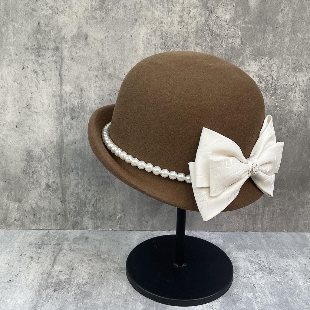 Xiaoxiangfeng Bamboo Leaf Dark Embroidery Bow Wool Beret Children'S Winter Australian Hair Top Hat Camellia Pearl Chain Felt Hat