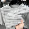 Men's Striped Round Neck Tencel Cotton Silk Short Sleeve T-shirt