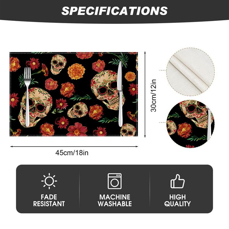 Halloween Table Placemats Chrysanthemum Skull Kitchen Table Mats Seasonal Table Mats 4pcs Kitchen Halloween Decoration Table