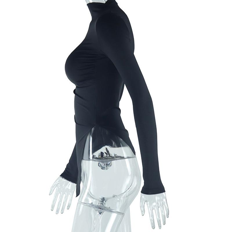 Women's Tight Round Neck Pullover Solid Colour Long Sleeve Pleated Irregular T-Shirt