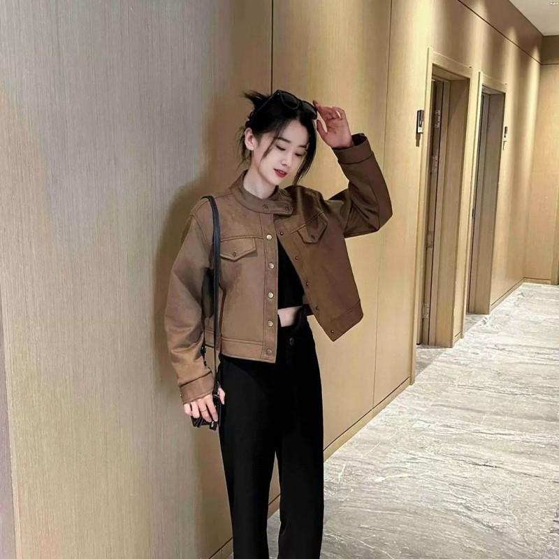 Womens Short Faux Suede Jacket Loose Fit Cropped Bomber Style Casual Chic Coat