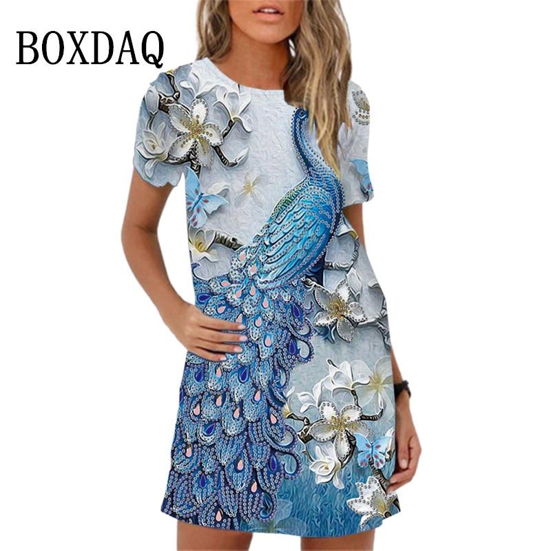 New Summer Sundress Sweet Elegant Purple Butterfly Print Mini Dress For Women Short Sleeve Loose Casual Mini Dress Oversize