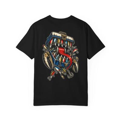 Tackle Box Fishing Lures Graphic T-Shirt Black Back Print Comfort Colors 1717