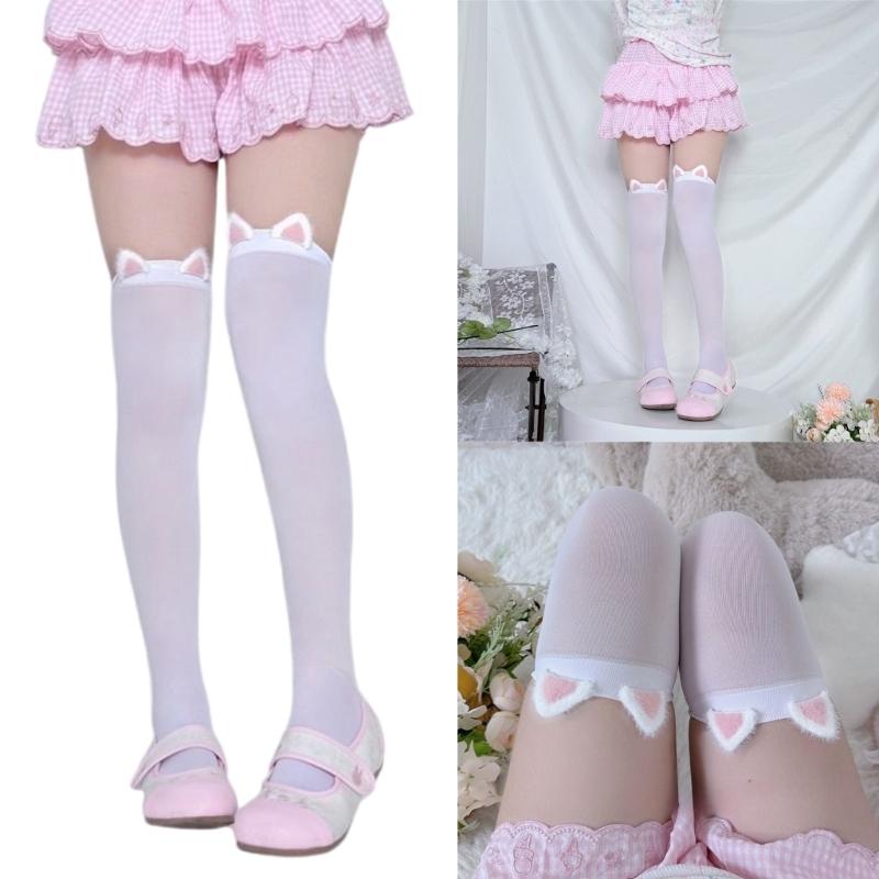 Fashionable Elegant Thigh High Long Stockings for Women Anime Cosplay Cats Rabbit Ears Accent Over Knee Socks Hosiery