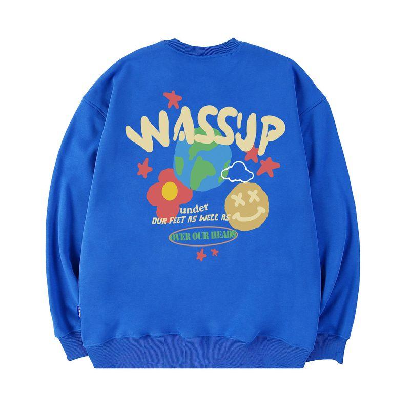 Wassup Heods Fleece-Lined Crewneck Sweatshirt for Men, Trendy American High Street Style, Loose Fit Top, Heavyweight Autumn and Winter Couple Wear