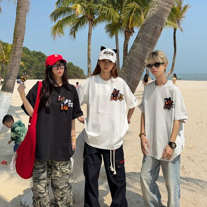 

2025 Unisex Hip Hop Loose Fit Cotton T-shirt with Letter Print L белый