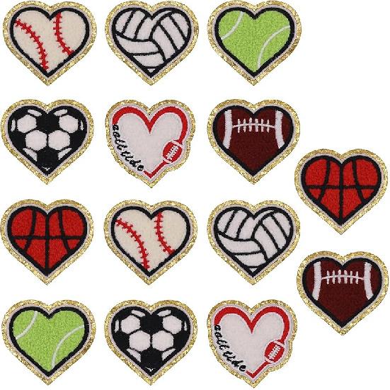 12pcs Heart Football Iron on Patches Embroidered Motif Applique Deco Sew on Patches Gold Edges Chenille Love Shape Rugby Embroidered Patches for