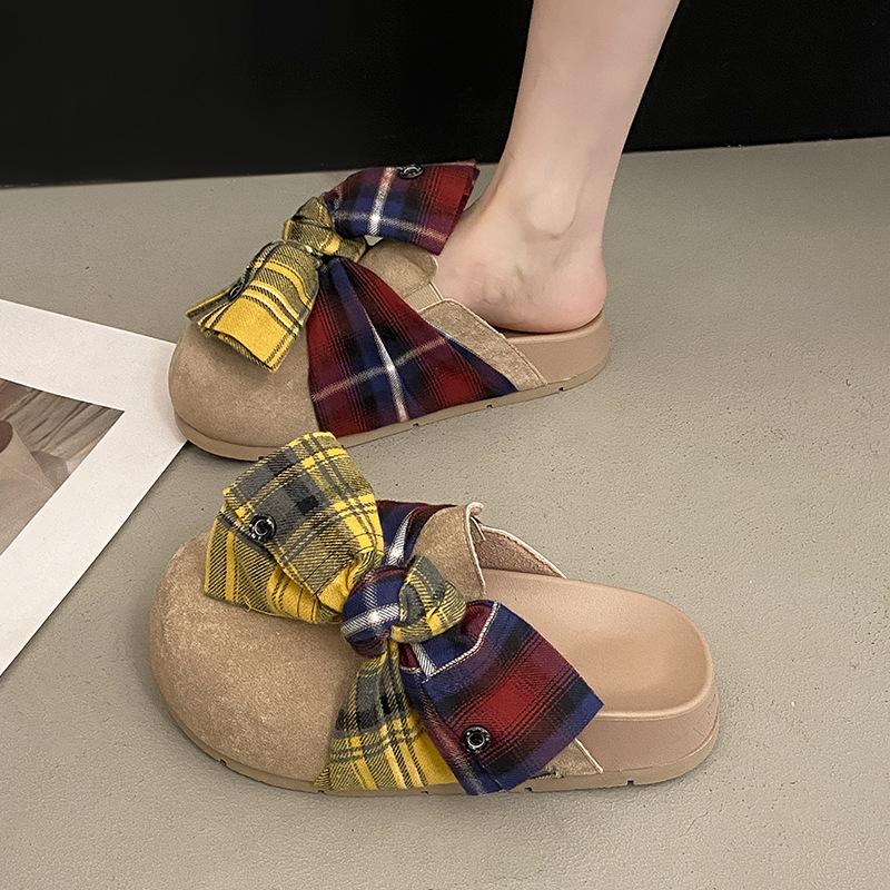 Bow Baotou Drag Women's Autumn Retro New Outer Wear Niche Design Feeling Ugly and Cute Fashion Versatile Half Slippers Tide