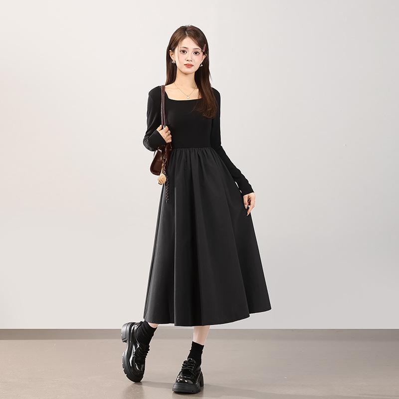 Elegant 2025 Spring/Summer French Style Patchwork Long-Sleeve Slimming Little Black Dress for Women Medium чёрный