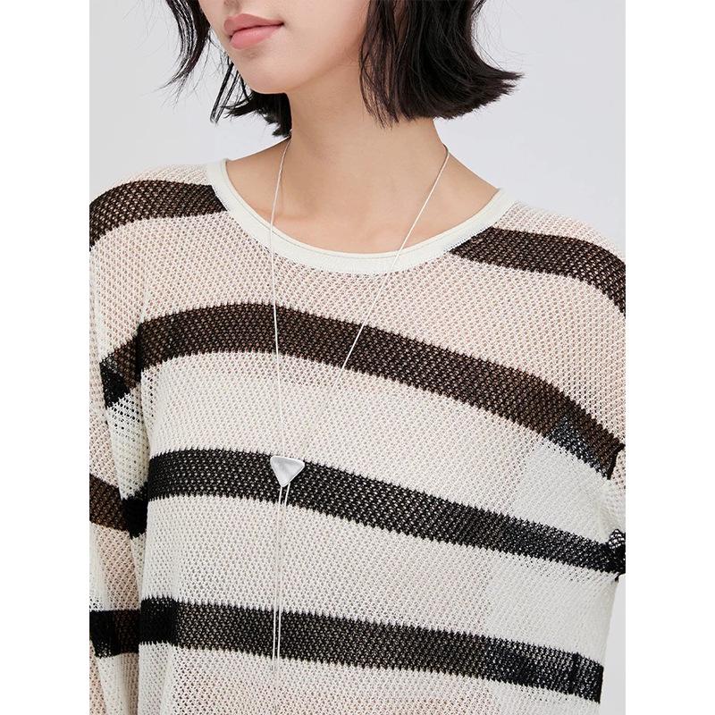 Women's Summer Striped Linen Knitwear: Openwork Long Sleeve Loose T-shirt Cardigan