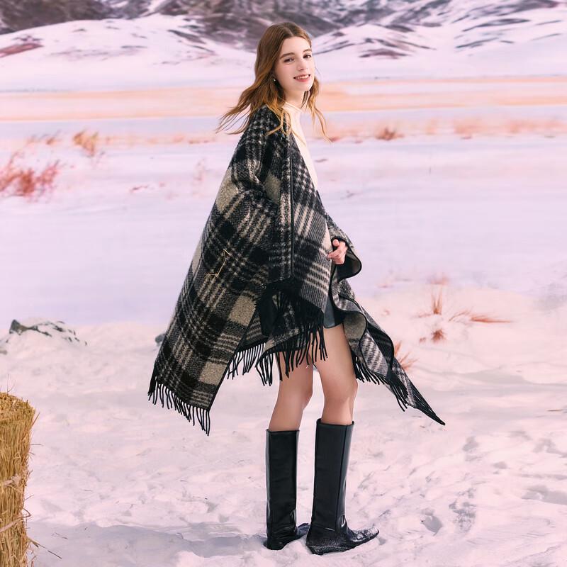 Women's Plaid Tassel Cape Coat