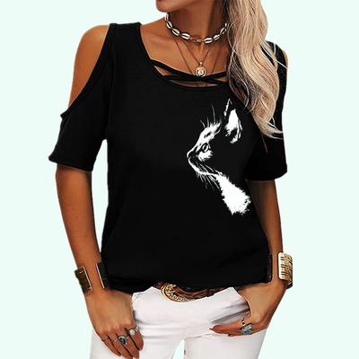 Women Fashion Printed Short Sleeve Top Ladies Summer Off Shoulder T-shirt Casual Round Collar Tee Shirt Pullover Loose T-shirt