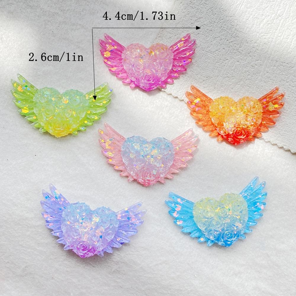 6Pcs Cute Resin Sparkling Colored Rose With Heart-shaped Wings Flat Back Scrapbooking DIY Jewelry Craft Decoration Accessories
