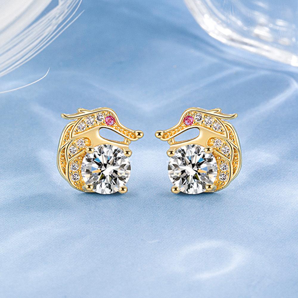 Light Luxury Diamond-encrusted Zodiac Dragon Red Diamond Stud Earrings Niche Design Ear Jewelry