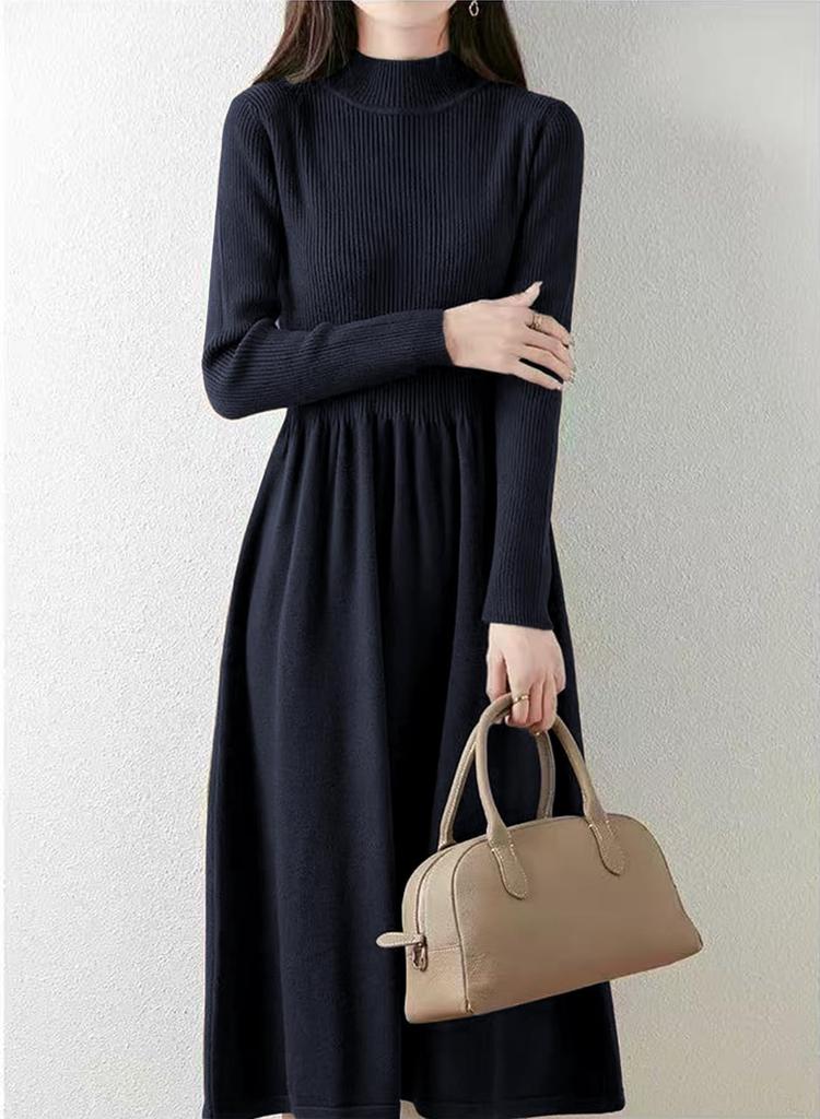 Yino Knit Midi Long High Slim Everyday Women's Dress, Sleeves, Flared, Waist, Fit, Stretchy, Slimming, Figure-Flattering, Warm, Cute, Stylish, Wear,
