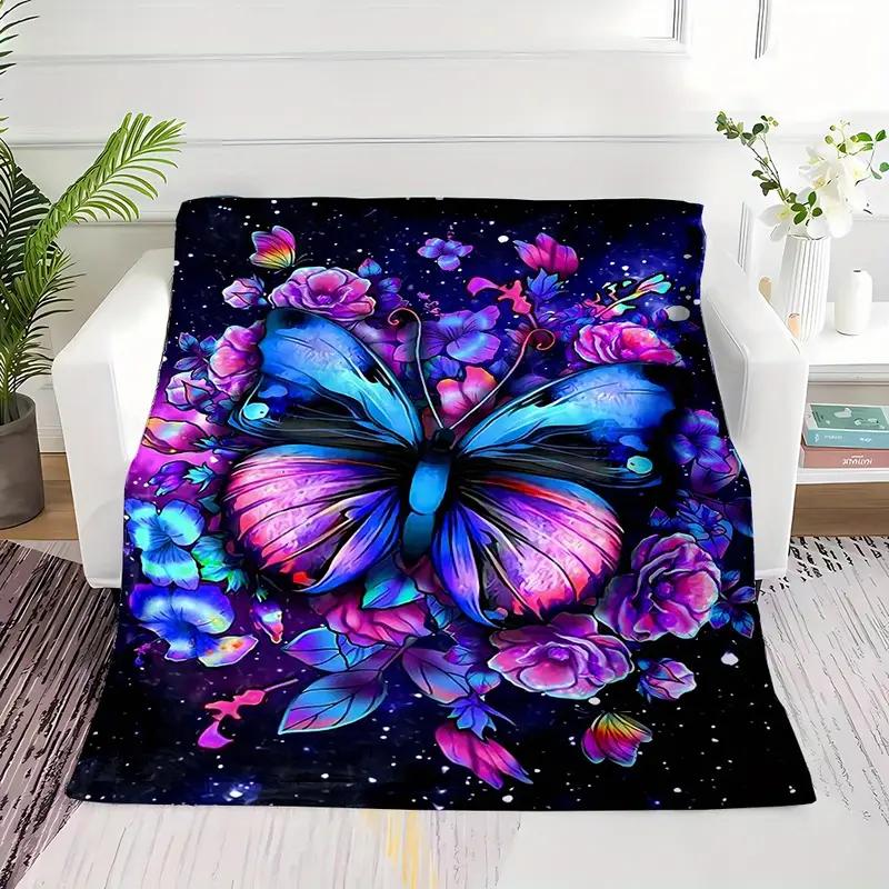 A Colorful Butterfly Print Flannel Blanket Suitable for Bedding, Office, Home, Camping, Warming, Sofa, Bed, Christmas Halloween