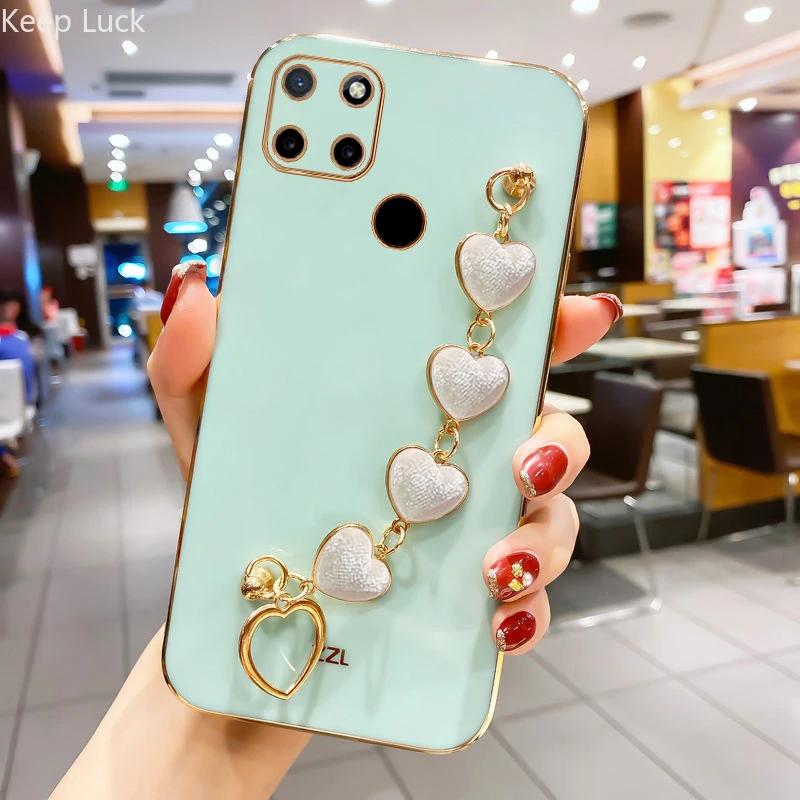 Love Heart Plyscharmbandsfodral för Realme C55 C53 C35 C33 C31 C30 C21 C21Y C20 C17 C15 11 10ProPlus Kedjeplätering Silikonskydd