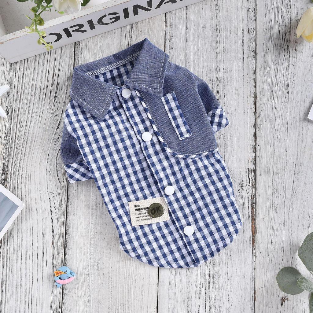 Plaid Patchwork Lapel Shirt for Small Dogs - Spring/Summer Breathable Pet Clothing