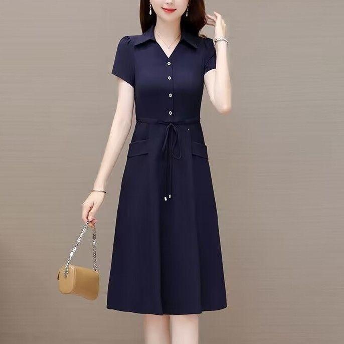 Medium mother dress short-sleeved dress medium old girl summer new waist cover thin temperament foreign skirt