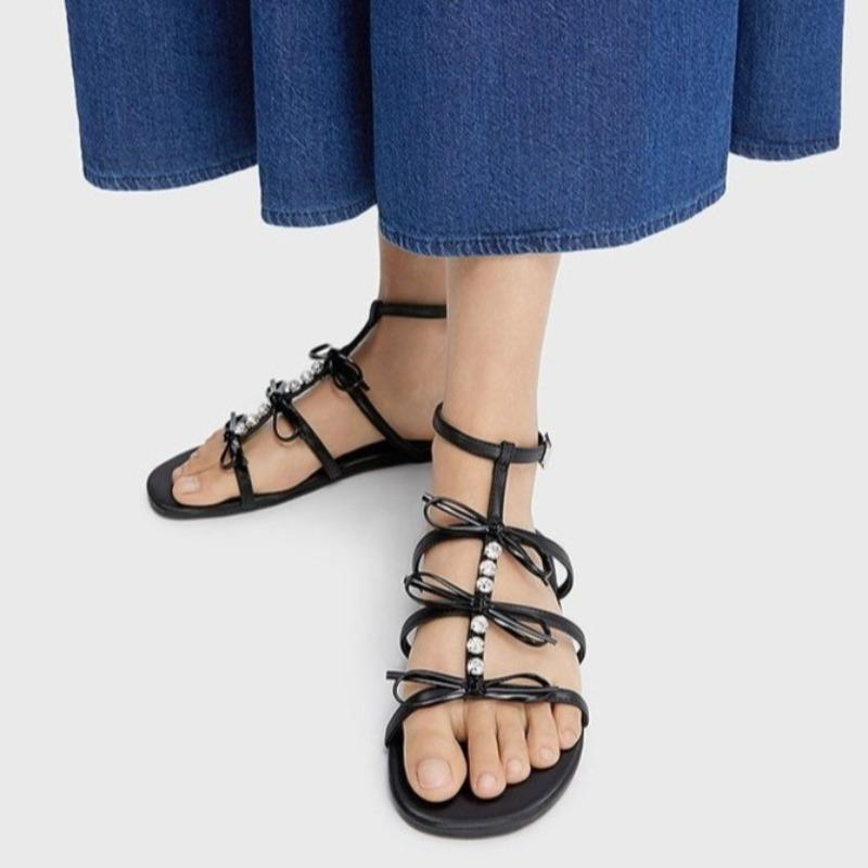 Fashion Flat Women's Shoes Summer New Round Toe Soft Leather Casual Outside Wear Bow Bright Diamond Open Toe Soft Sole Sandals