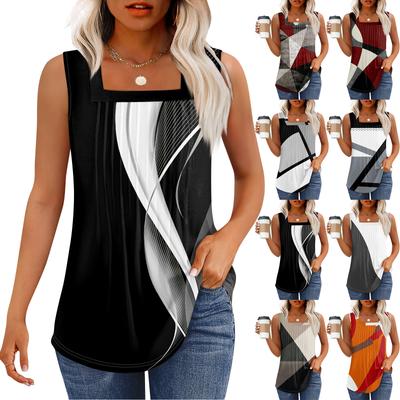 Tank Top For Women Summer Outfits Sleeveless Print Blouses Casual Loose Shirts Pleated Square Neck