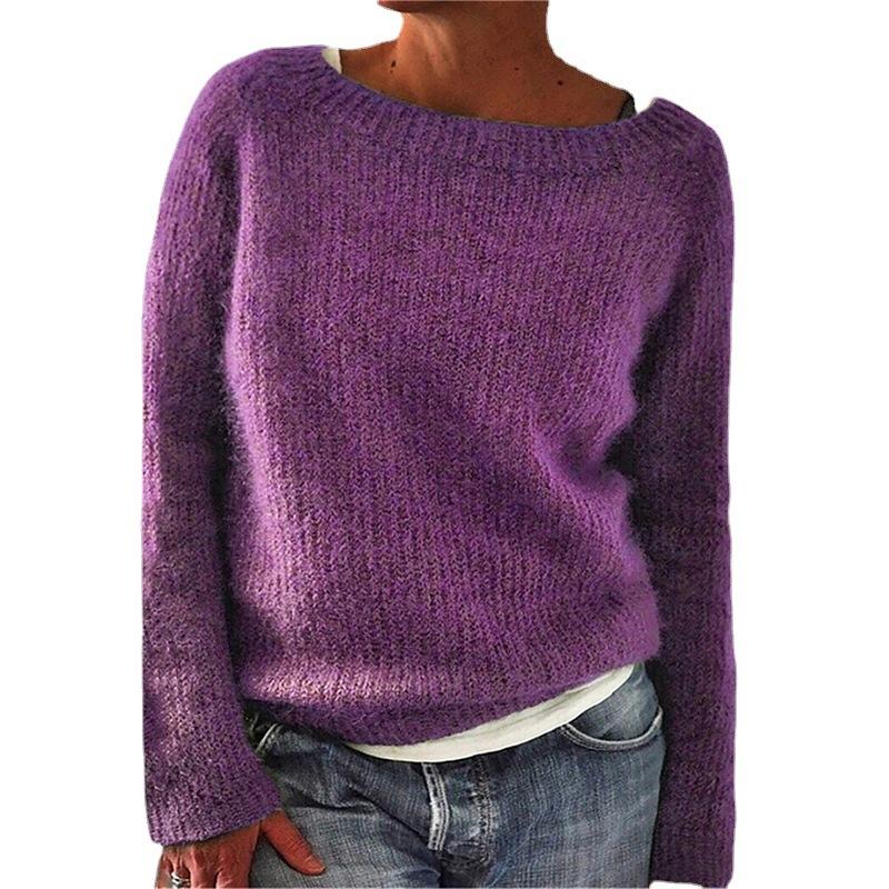 Solid Colour Basic Knit Sweater with Round Neck Stylish and Versatile Luxurious Relaxed-fit Slimming and Versatile Top