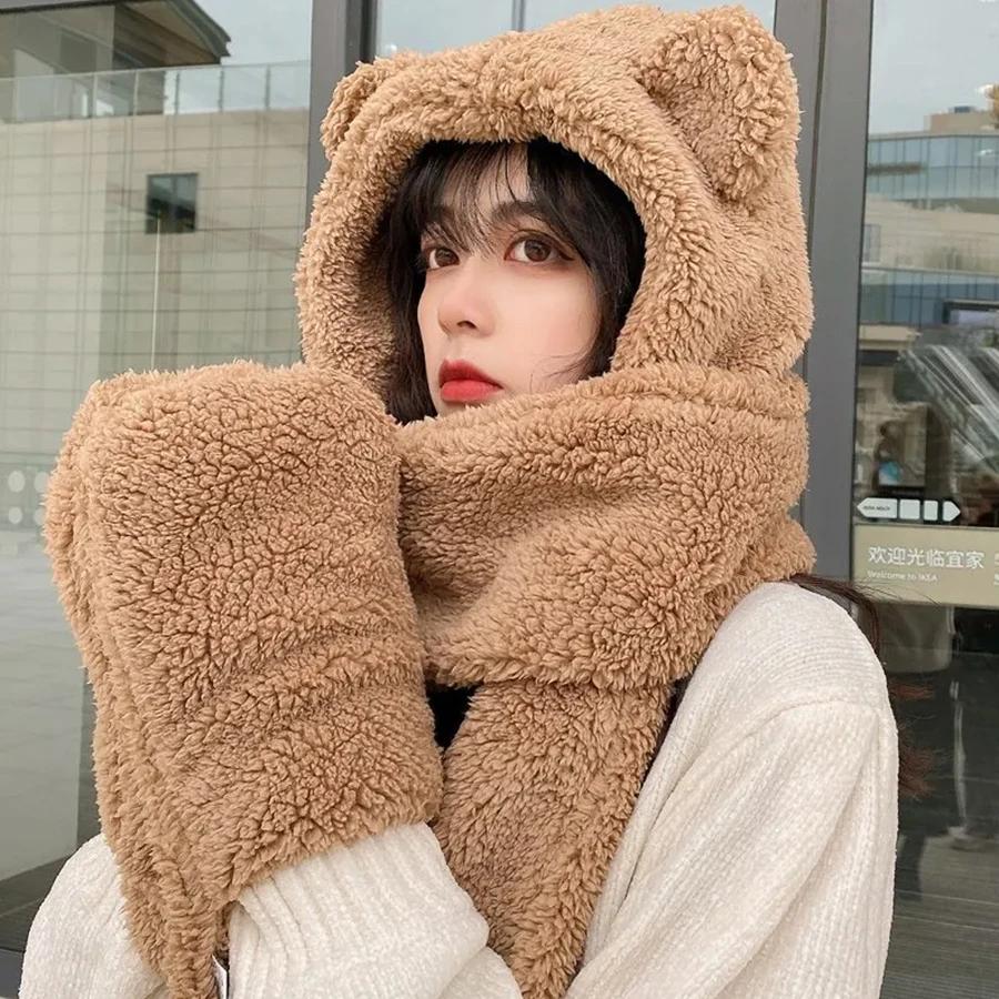 Plush Bear Hat Scarf One-piece Women's Winter Scarf Winter Versatile Cycling Warmth Beanies Caps with Plush Ear Protection Hood
