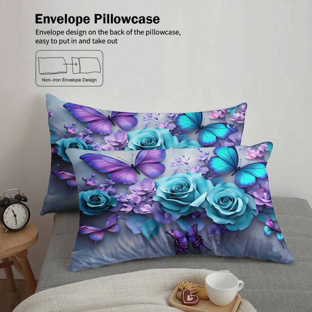 3pcs Butterfly And Rose Bedding Sets 3D Printed Floral Pattern Duvet Cover Sets With Pillowcases No Filling Vivid Visual Style