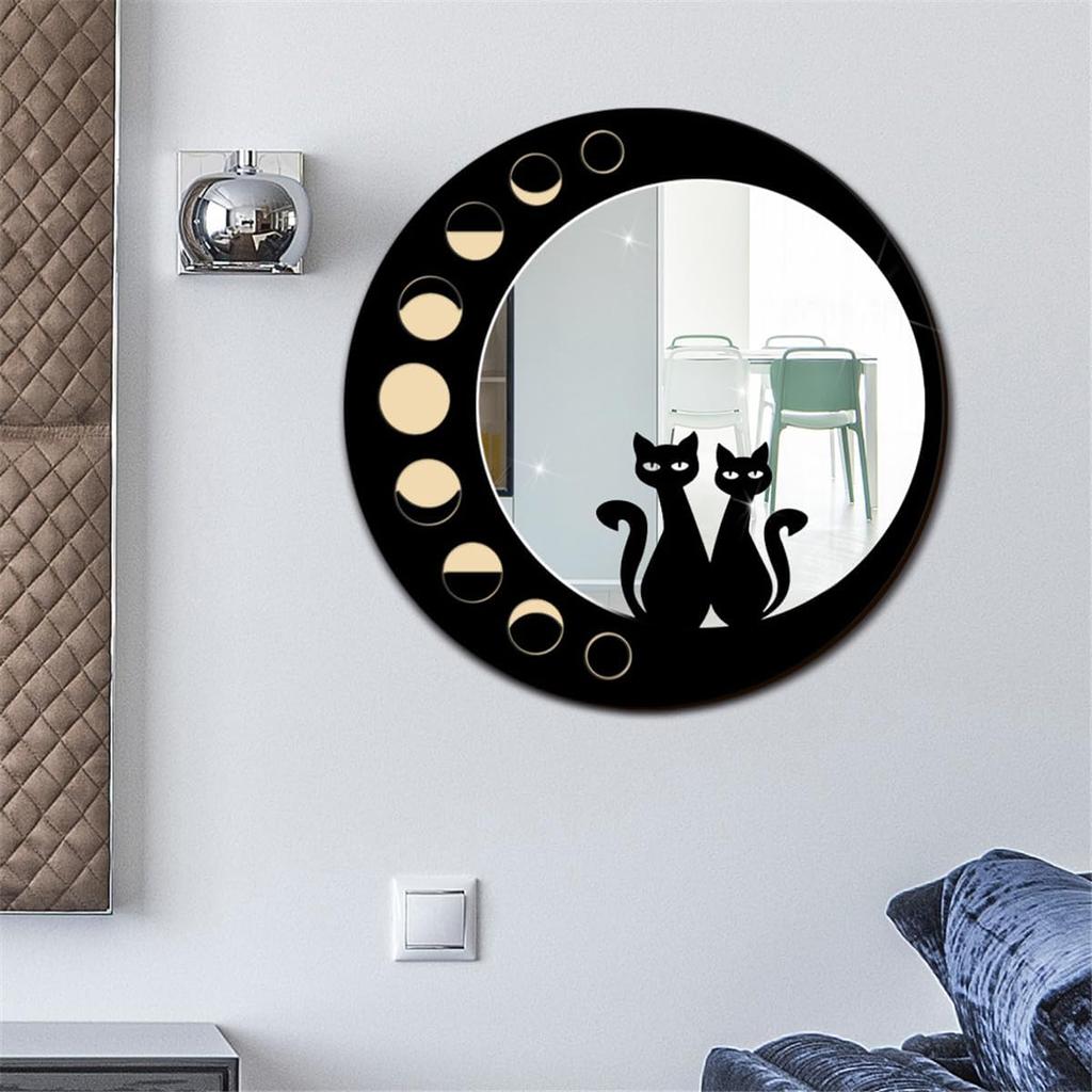 Cat Wood Mirror Wall Decor Art, Cute Cat Wooden Framed Acrylic Mirror Wall Stickers, Boho Black Cats Moon Phase Decorative Mirrors, Wooden Aesthetics