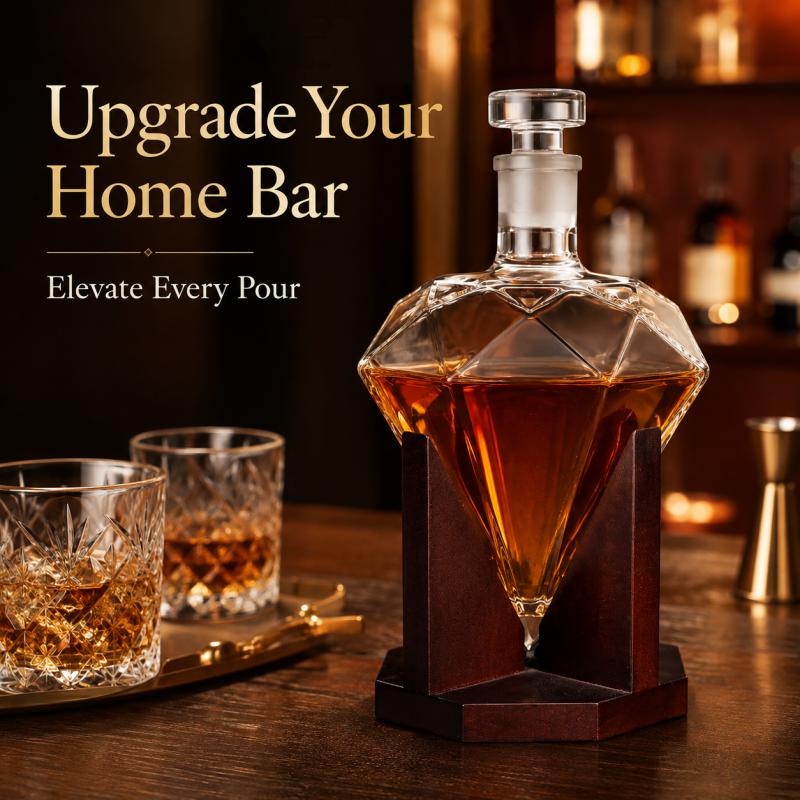 Diamond Shape Glass Decanter with Wooden Stand, Whiskey Liquor Bottle with Glass Stopper for Home Bar Decor